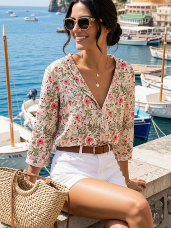 Mavi Tops - Women's Floral Cottagecore Romantic Coastal Boho Button-Front Blouse - M